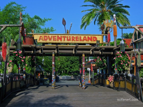 The Adventureland sign in The Magic Kingdom. The image quality has been improved, and the people have been removed.
