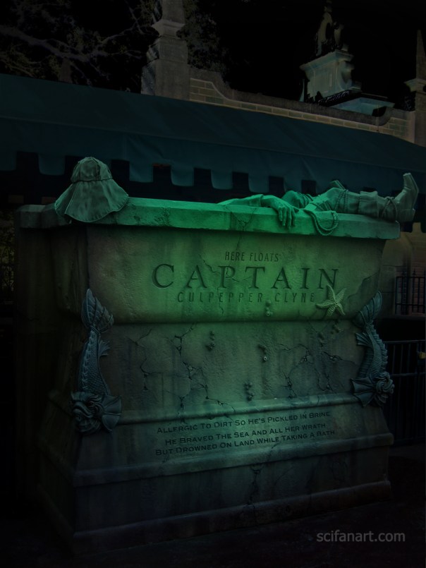 Captain Culpepper's tomb. The scene has been changed to night, and spooky lighting has been added.