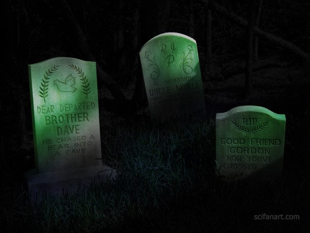 Three headstones. The scene has been changed to night, and spooky lighting has been added.