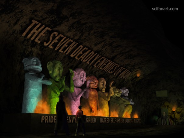 Billy Batson is taken to meet the wizard Shazam, in the hall of the Seven Deadly Enemies of Man.