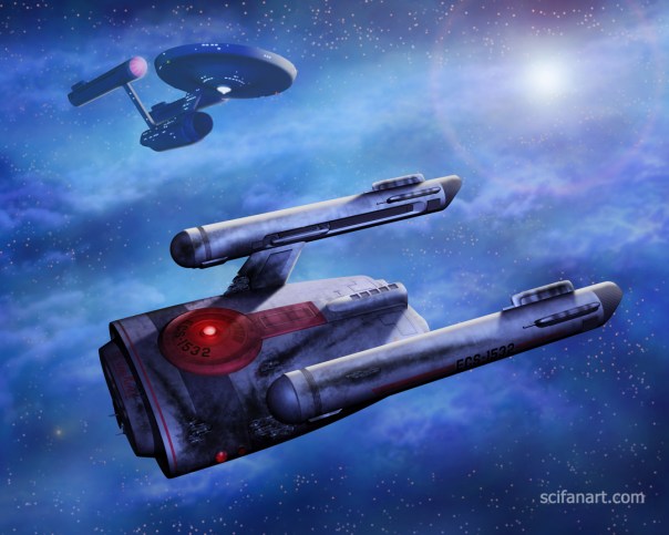 The U.S.S. Enterprise encounters a heavily damaged spaceship.