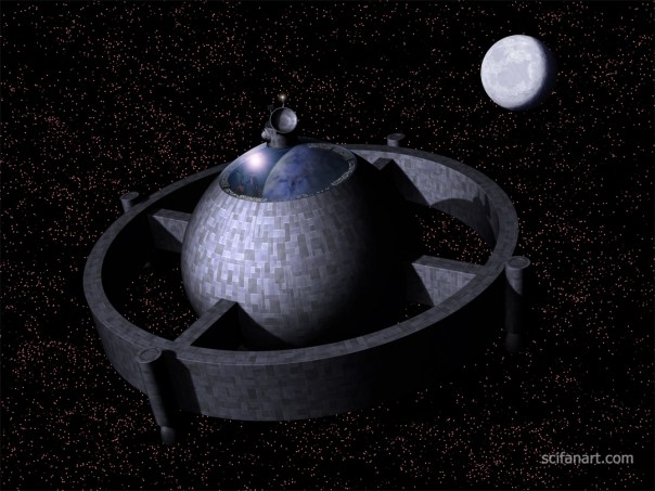 Superman, the Flash, and the Martian Manhunter are on duty in the satellite headquarters of the Justice League of America. The earth and sun are reflected in the satellite's window, and the moon is in the background.