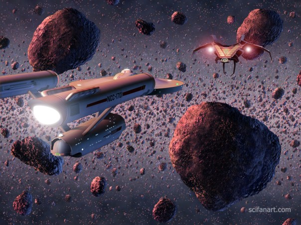 The U.S.S. Enterprise faces down an Orion pirate ship in an asteroid field.