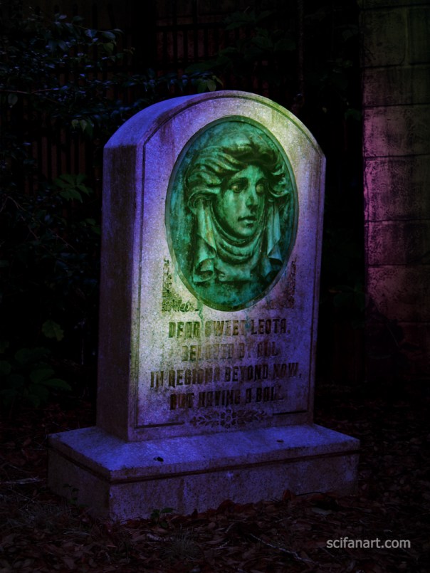 Madame Leota's headstone. The scene has been changed to night, and spooky lighting has been added.