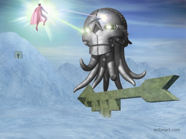 Superman battles Brainiac's starship outside the Fortress of Solitude.